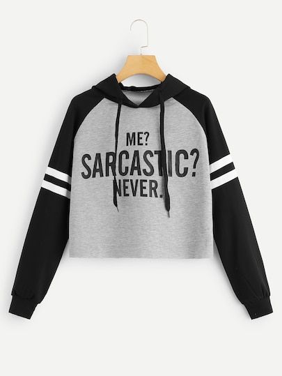 Varsity Striped Raglan Sleeve Raw Cut Hoodie | SHEIN Sarcastic Clothing, Cut Hoodie, Letter Hoodie, Bad Girls Club, Women Sweatshirts, Funny Hoodies, Sleeve Detail, Cropped Hoodie, Graphic Hoodies