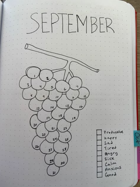 September makes me think of the harvest so why not a bunch of grapes to track your mood every day. Choose your own mood/emotions and pick a colour for each one. Colour it in with the mood from the day or more then one emotion you felt during the day. Fruit Mood Tracker, Mood Journal Ideas, Drawing Grapes, September Mood Tracker, Bujo Mood Tracker, Bujo 2025, Grape Drawing, Book Bujo, September Mood