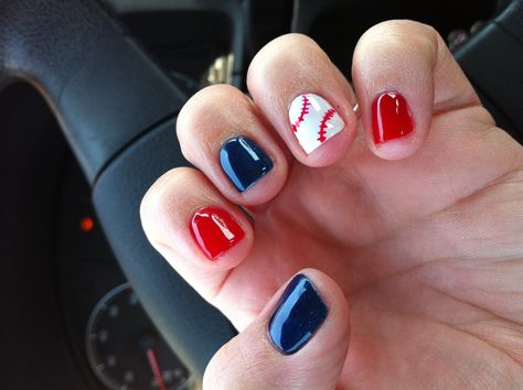 Red And Blue Baseball Nails, Red White And Blue Baseball Nails, Baseball Pedicure, Phillies Nails, Baseball Nail Designs, Baseball Nails, Dodgers Game, Sports Nails, Twins Game