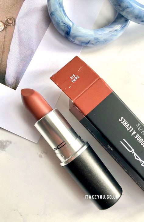 Mac Taupe Lipstick, Mac Matte Lipstick Shades, Mac Lipstick Satin, Taupe Lipstick, Mac Taupe, Mac Lipstick Velvet Teddy, Mac Makeup Lipstick, Perfect Nude Lipstick, Beauty Desk