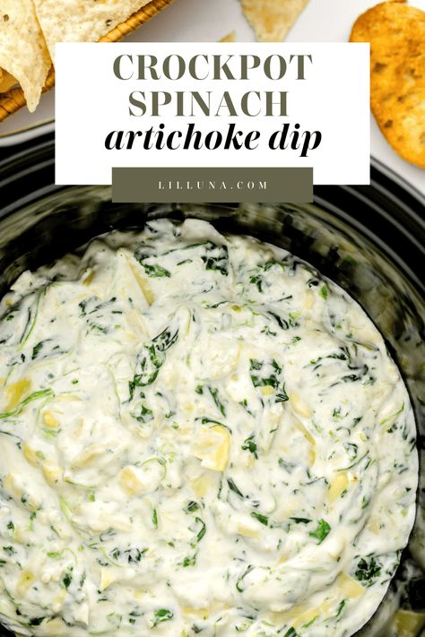 Crockpot spinach artichoke dip is made easy in a slow cooker! With creamy cheese, shredded spinach, and artichokes it's the ultimate dip. #spinachartichokedip #spinach #artichoke #crockpot #slowcooker #appetizer #partydip Easy Crockpot Spinach Artichoke Dip, Crockpot Party Food, Hot Spinach Dip, Spinach Artichoke Dip Recipe, Crock Pot Dips, Artichoke Dip Recipe, Creamy Spinach, Spinach Artichoke Dip, Spinach Dip