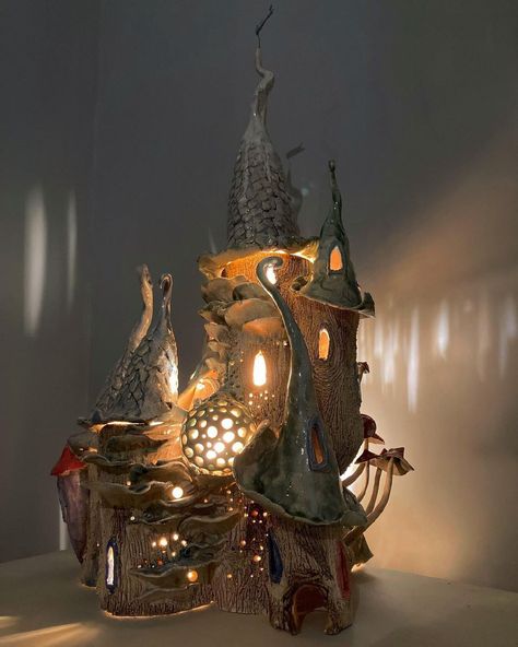 Ceramics Lantern, Ceramic Castle, Clay Castle, Clay Fairy House, Ceramic Lantern, Fairy Home, Clay Fairies, Clay Houses, Pottery Handbuilding