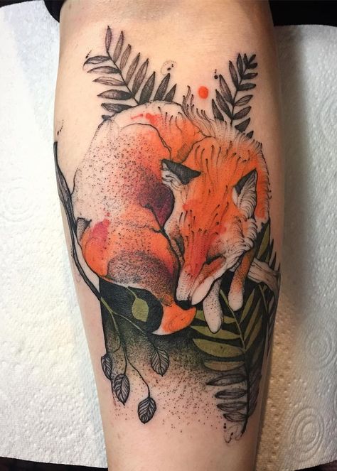 Watercolor Fox Tattoos, Illustrative Tattoos, Tattoos Watercolor, Healed Tattoo, Fox Tattoo Design, Purple Tattoos, Colorful Tattoo, Tattoo Animal, Scary Tattoos