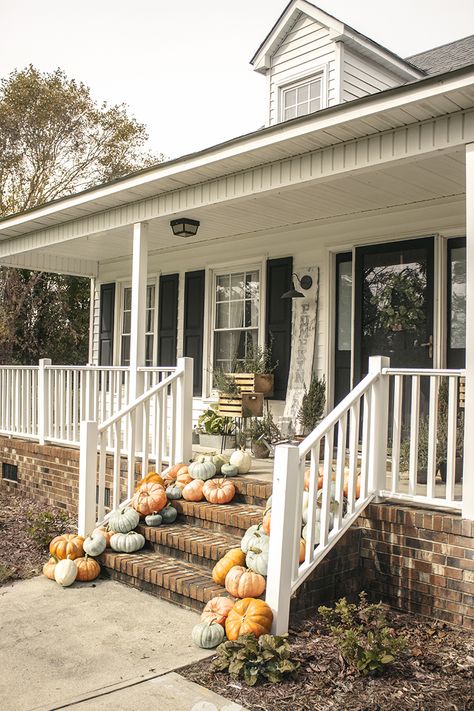 My Farmhouse Front Porch Decorated For Fall With Homegrown Pumpkins From My Garden Farmhouse Front Porch Decorating, Modern Farmhouse Porch, Farmhouse Style Curtains, Porch Farmhouse, Modern Farmhouse Style Bedroom, Farmhouse Front Porch, Farmhouse Exterior Design, Modern Farmhouse Dining Room, Room Styling