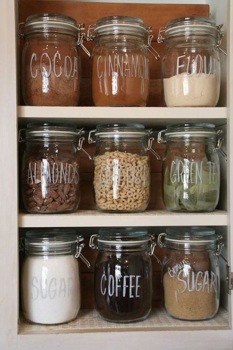 "It’s an absolute MESS in our cabinet...” I’m not going to lie to you. It’s an absolute MESS in our baking/spice cabinet. Dry Pantry, Ikea Jars, Ikea Desk Hack, Pantry Organisation, Desain Pantry, Kabinet Dapur, Kitchen Organization Pantry, Kitchen Organisation, Kitchen Pantry Design