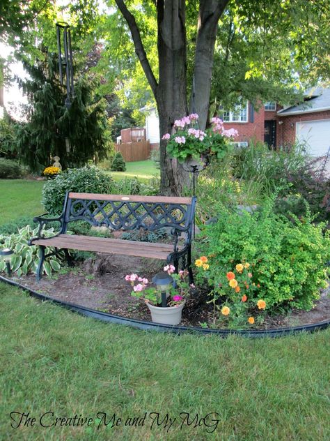 Garden With Bench Ideas, Flower Garden With Bird Bath, Gardens Around Trees, Under Tree Landscaping Ideas, Flower Beds Around Trees, Memorial Garden Ideas, Memorial Tree, Landscaping Around Trees, Pinterest Garden