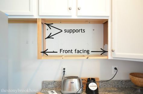 Front and back supports for microwave shelf Shelf For Microwave Diy, Microwave Shelf Ideas Diy Under Cabinet, Microwave Cabinet Diy, Microwave Ideas In Kitchen Spaces, Diy Microwave Shelf, Microwave Shelf Ideas Diy, Microwave Shelf Ideas, Microwave Shelf Over Stove, Microwave Cupboard