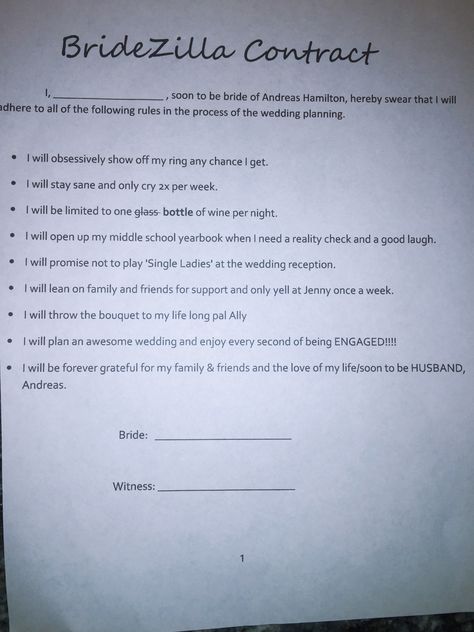 Bridezilla contract   #bridetobe #funny #bridesmaid #wedding #weddingideas #bridezillas #brides #weddinginspiration #WeddingPlanning #gifts #engagement #engagementphotos #engaged Middle School Yearbook, Bride Entry, School Yearbook, Marriage Humor, Love Days, Reality Check, Wedding Humor, Yearbook, Middle School