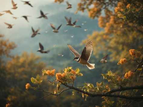 Flock Of Birds Flying, Mountain Background, Acacia Tree, Flock Of Birds, Birds Flying, Tree Branch, In The Forest, Autumn Trees, Flocking