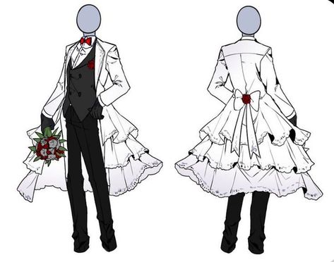 Artist: @Atakdognumber1 (Twitter) Fancy Outfits Reference Drawing, Dress Design Reference, Wedding Dress Reference Drawing, Robe Reference Drawing, Wedding Base Drawing, Fantasy Clothes Drawing Reference, Non Binary Wedding, Dress Tuxedo, Clothing Sketches