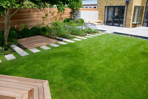 Wide Shallow Garden Design Layout, Square Garden Ideas, U Shaped Garden, Kitchen Green Walls, Square Garden Design, Garden Fencing Ideas, Rectangle Garden Design, Mid Century Modern Garden, Back Garden Landscaping