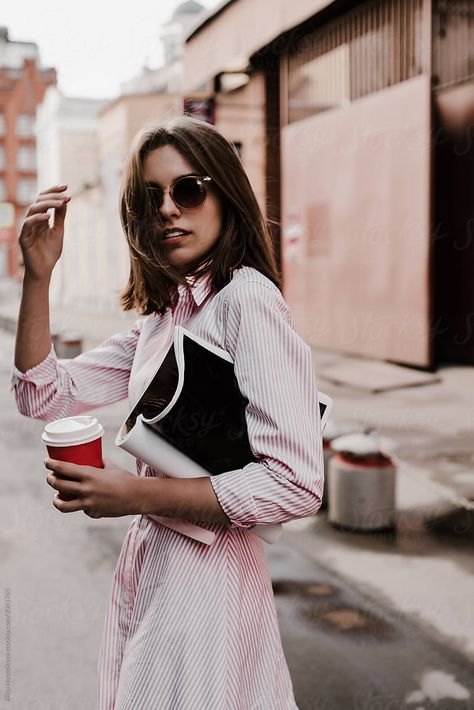 Walking With Coffee, Woman With Coffee, Woman In Dress, Walking Poses, Lifestyle Dresses, Walking Women, Branding Photoshoot Inspiration, Fashion Photography Poses, Women Street