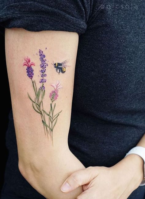 150+ Beautiful Bee Tattoos Designs With Meanings (2021) - TattoosBoyGirl Wildflower Tattoo With Bee, Bee Tattoo Ideas With Flowers, Flower Tattoos With Bees, Bee And Wildflower Tattoo, Floral Bee Tattoo Design, Bumble Bee And Flower Tattoo, Bee On A Flower Tattoo, Flower With Bee Tattoo, Bee Tattoo With Flowers