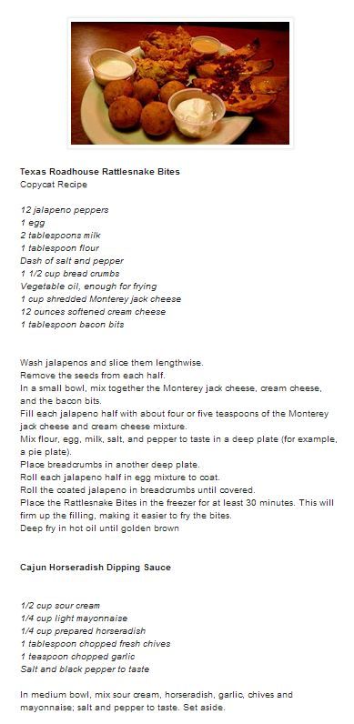 Texas Roadhouse Rattlesnake Bites & Cajun Horseradish Dipping Sauce: Rattle Snake Bites Texas Roadhouse, Texas Roadhouse Snakebites, Rattlesnake Recipes, Desi Appetizers, Texas Roadhouse Rattlesnake Bites, Horseradish Dipping Sauce, Rattlesnake Bites, Top Secret Recipes, Snakebites