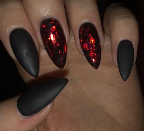 In the 3 years Ive been getting dip Ive never dabbled in black or anything too dark (I stick to pinks usually) until today. I love these spooky season nails even though they are cliche!! #nails #nailsart Black With Red Sparkle Nails, Sparkly Red And Black Nails, Gothic Dip Powder Nails, Dip Nail Ideas Halloween, Black And Garnet Nails, Dark Dip Nail Ideas, Black Nails Red Rhinestones, Black Halloween Dip Nails, Goth Dip Nails