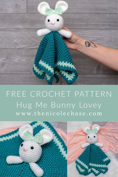 bunny rabbit easter lovey security blanket blankie crochet yarn worsted weight medium toy amigurumi Lovey Blanket Pattern, Crochet Lovey Free Pattern, Crochet Security Blanket, Bunny Lovey, Lovey Pattern, Crochet Lovey, Pola Amigurumi, Crochet Baby Toys, Crochet Amigurumi Free