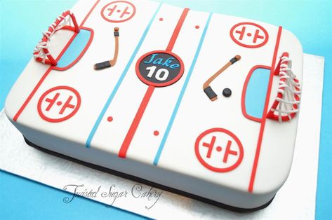 Hockey Time! All accents are made of fondant. Hockey Birthday Cake, Cupcake Pics, Hockey Cakes, Hockey Birthday Parties, Ladybug Cakes, Boys Cake, Hockey Party, Sports Ideas, Hockey Birthday