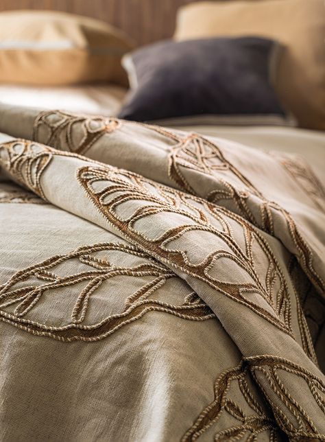 Photo of the fabric Jardin D'Hiver 4570 4570 02 80 in situ by Casamance. Use for Curtains, Accessory. Style of Decorative, Embroidery, Floral And Botannical, Pattern Bed Cover Design, Cushion Embroidery, Bed Scarf, Crochet Bedspread Pattern, Silk Wallpaper, Kurti Embroidery Design, Running Stitch, Embroidery Fashion, White Embroidery