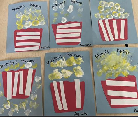 Fair Themed Art Projects, Popcorn And Movie Day Kindergarten, Fun At The Fair Preschool Theme, Movie Theme Arts And Crafts, Carnival Crafts For Preschoolers, Food Theme Art Preschool, Corn Projects For Preschool, Popcorn Handprint Art, Popcorn Preschool Craft