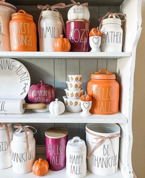 Rae Dunn. on Instagram: "the perfect thanksgiving ready shelfies of @dunn.for.days. thanksgiving might be my most favorite holiday of the year ! 📷 by @dunn.for.days" Rae Dunn Display Ideas, Rae Dunn Display, Rae Dunn Kitchen, Rae Dunn Fall Display Ideas, Rae Dunn Christmas Display, Fall Table Settings Autumn, Fall Rae Dunn Display, Rae Dunn Fall Decor, Rae Dunn Thanksgiving Display