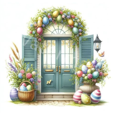 Decorated Doors, Winter Picture, Vintage Easter Cards, Create Christmas Cards, Picture Wall Art, Easter Door, Easter Pictures, Easter Clipart, Personalized Greeting Cards