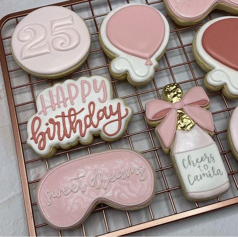 22nd Birthday Cookies Decorated, 25 Birthday Cookies, Galletas Royal Icing, Custom Birthday Cookies, Bday Cookies, Lavender Balloons, Birthday Biscuits, Cookie Birthday Party, Decorative Cookies