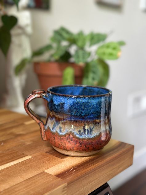 A round bodied mug, with a deep blue on the top followed by copper on the bottom. Copper Float Glaze Combinations, Copper Float Glaze, Indigo Float Glaze Combinations, Ancient Copper Glaze Combinations, Oatmeal Glaze Combinations, Ancient Copper Glaze, Glazing Pottery, Pottery Creations, Ceramics Glaze