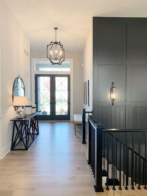 Sw Iron Ore, Modern Farmhouse Foyer, Foyer Paint Colors, Sw Repose Gray, Black Accent Walls, Repose Gray, Board And Batten Wall, Iron Ore, Modern Farmhouse Living Room