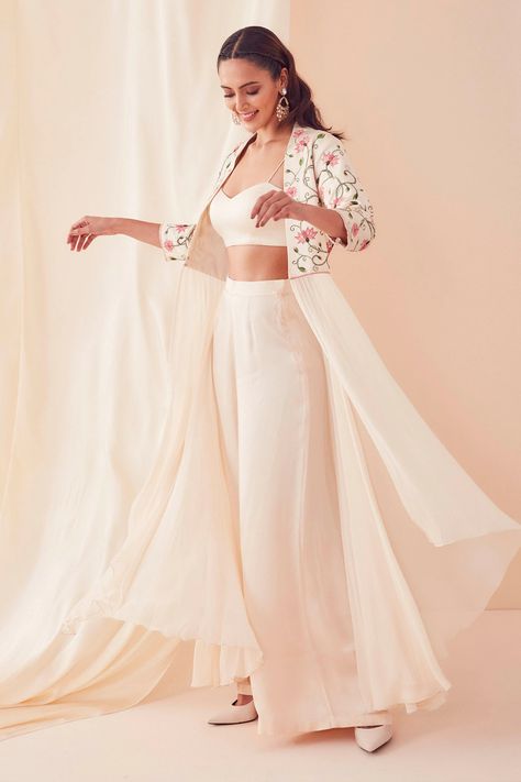 Buy L'effet By Sanjev Marwaaha White Modal Floral Jacket And Palazzo Set Online | Aza Fashions Crop Top With Jacket, Ethic Dress, 3d Applique, Haldi Outfits, Royalty Aesthetic, Traditional Indian Dress, Palazzo Set, Festive Collection, Wedding Clothes