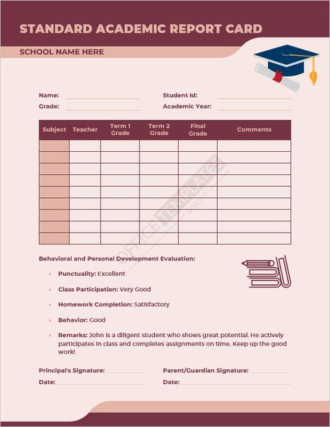 Teacher Comments, Class Participation, School Report Card, Report Card Template, Report Card, Ms Word, Homework, Subjects, Personal Development