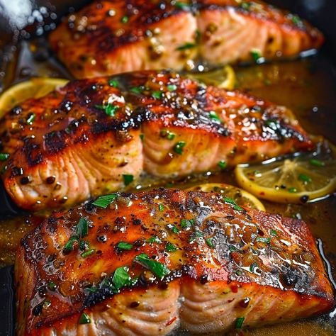 How to Make Delicious Cajun Honey Butter Salmon Gourmet Buffet Ideas, Salmon With Cajun Butter Sauce, Cajun Honey Butter Salmon Recipes, Baked Fish Dinner Ideas, How To Make Salmon, Honey Cajun Salmon, Cajun Salmon Recipes, Aesthetic Dinner Ideas, Cajun Honey Butter Salmon