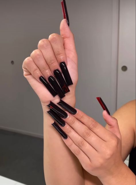 Grey Red Bottom Nails, Man Eater Aesthetic Nails, Red Bottom Nails Ideas, Black Nail Designs Elegant, Black Acrylic Nails Tapered Square, Long Black Acrylic Nail Ideas, Black Nail Inspo Acrylic Long, Emo Nails Long, Xl Black Acrylic Nails