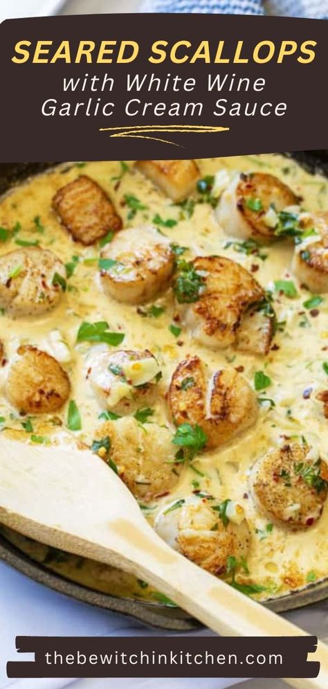 Seared Scallops with White Wine Garlic Cream Sauce may sound fancy, but you can have it ready in less than 15 minutes, from start to finish! Because of the impressive flavor in the cream sauce, your guests will have no idea how easy it was to make this scallop dish. All you need are a few ingredients, a skillet, and a saucepan. Creamy Scallops, Sauce For Scallops, Scallop Recipes Pasta, Shrimp And Scallop Recipes, Scallop Appetizer, Easy Scallop Recipes, White Wine Pasta Sauce, Garlic White Wine Sauce, Creamy White Wine Sauce