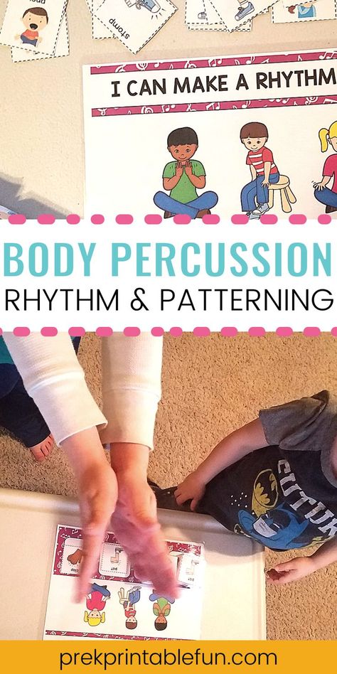 Get little bodies moving and making a rhythm with this fun activity! This activity is great for children that are preparing to learn to read. Rhyming and patterning games support children in developing cadence and pacing necessary for reading. Music Monday, Body Percussion, Rhythm Activities, Ab Patterns, Pattern Game, Rhyming Activities, Family Songs, Pattern Activities, Rhythmic Pattern