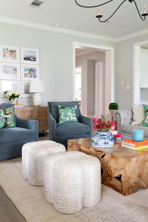 Oyster Creek Studios Living Room, Southern Home Living Room, Pastel Green Dining Room, Southern Transitional Living Room, Southern Interior Design Living Room, Fun Colorful Living Room, How To Add Color To Living Room, Southern Coastal Living Room, Greenery Living Room Decor