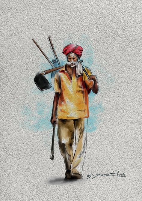 Sketches Pencil Human Figures, Human Figure Watercolor Paintings, Farmer Drawing Sketch, Farmer Drawing, Architecture Composition, Waterfall Watercolor, Farmer Painting, Watercolor Indian, Mango Milkshake