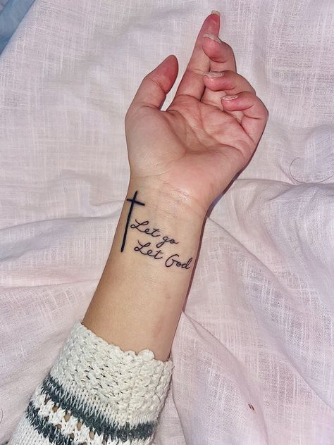 Biblical Hand Tattoos, Let Go And Let God Tattoo Ideas, Verse Wrist Tattoos, Let Go Let God Tattoos For Women, Faith Based Tattoos For Women, Small Bible Verse Tattoos For Women, Let Go And Let God Tattoo, Jj Tattoo, Christian Wrist Tattoos