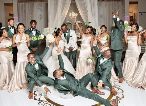 Green And Cream Wedding Suits, Hunter Green Champagne Wedding, White And Purple Groom Suit, Best Man Suits Groomsmen, Emareld Green Wedding Theme, Wedding Color Ideas Black People, African American Weddings Colors, Green And Gold Bridal Party, Sage Green Wedding Black People