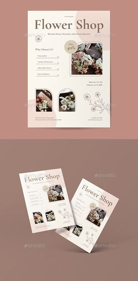 Cream Chocolate Boho Flower Shop Flyer, Print Templates | GraphicRiver Flower Flyer Design, Flyer Ideas For Business, Florist Flyer, Flower Shop Flyer, Florist Design, Flyer Ideas, Image Notes, Flyer Design Templates, Flower Bouquets