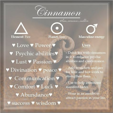 Correspondence of cinnamon in relation to witchcraft Herbal Correspondences Witchcraft, What Is Cinnamon Good For Witchcraft, Cinnamon In Spells, Cinnamon Stick Witchcraft, Love Correspondences Witchcraft, Cinnamon Correspondences, Cinnamon Spiritual Meaning, Cinnamon Witchcraft Uses, Cinnamon In Witchcraft