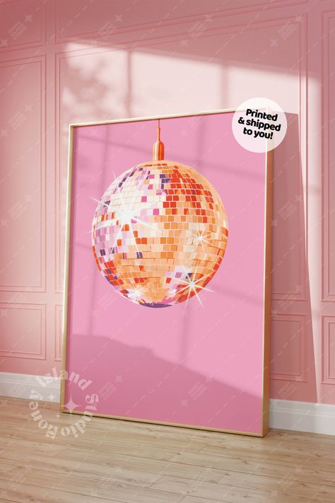 Nike Workshop, Pink And Orange Disco Ball, Disco Crafts, Disco Ball Preppy, Pink Orange Disco, Orange Disco Ball, Disco Ball Wall Art, Disco Ball Wall, Disco Ball Art