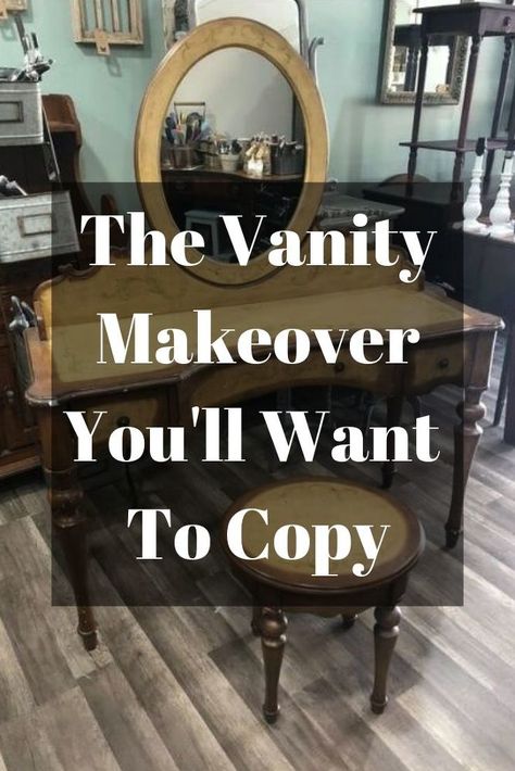 Give your thrift store second hand vanity a whole new farmhouse vintage glam look! This diy upcycle tutorial will give you confidence to transform your furniture with ease. #diy #diyhomedecor #furniture #furnitureupdate #upcycledfurniture #farmhouse #glamourous #farmhouse chic #vanity #makeover #hometalk Diy Vanity Painting Ideas, Upcycled Makeup Vanity, Vanity Diy Makeover, Vanity Table Makeover, Makeup Vanity Makeover Diy, Vintage Vanity Ideas Bedroom, Vanity Redo Ideas, Painted Vanity Ideas, Antique Vanity Ideas