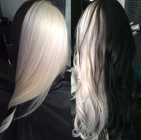 Cruella De Vil Style <3 White Ombre Hair, Instagram Props, Half Dyed Hair, Black White Hair, Split Dye, Split Dyed Hair, Hair Dyed, Runway Hair, Haircuts Ideas