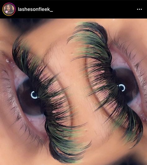 Eyelash Extensions With Green, Green Lash Extensions Styles, Lashes With Green Color, Eyelash Extension Color Ideas, Lashes Color Eyelashes, Mega Volume Lash Extensions With Color, Lash Extensions Styles Color, Lash Color Extensions, Eyelash Extensions With Blue