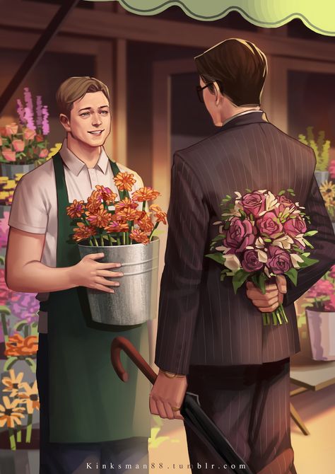 Kingsman AU fanart. Flower shop boy, Eggsy & Tailor Harry. So adorable. Harry And Eggsy Kingsman, Kingsman Eggsy X Harry, Rocketman Fanart, Kingsmen Fanart, Harry X Eggsy Kingsman, Hartwin Fanart, Kingsman Fanart, Gary Unwin, Kingsman 1