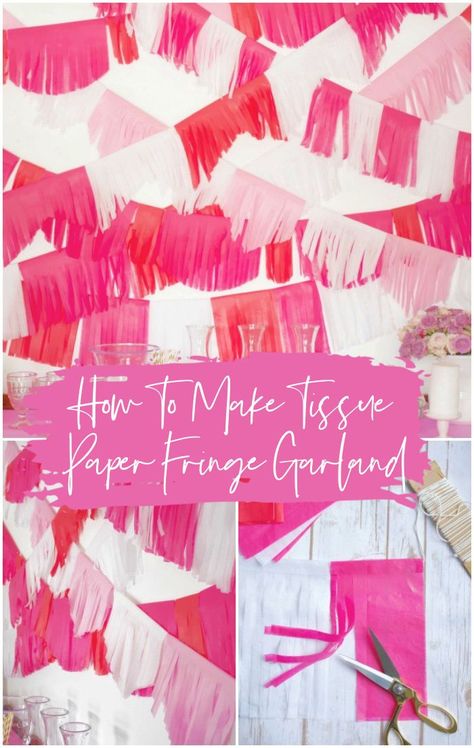 This DIY tissue paper garland is super easy to make and doesn't require a lot of time or supplies. It's also extremely easy to customize the colors perfect to match any party you're planning! How To Make Streamer Garland, Cheap Diy Party Decorations, Tissue Paper Decor, Tissue Paper Garland, Diy Tissue Paper Decorations, Tissue Paper Backdrop, Diy Fringe Garland, Fringe Garland, Tissue Paper Decorations Diy