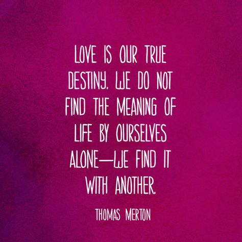 Love is our true destiny. We do not find the meaning of life by ourselves alonewe find it with another. — Thomas Merton Thomas Merton Quotes, Happy Sayings, Inspired Quotes, Thomas Merton, Qoutes About Love, Soulmate Quotes, Random Quotes, Meaning Of Life, Spiritual Inspiration