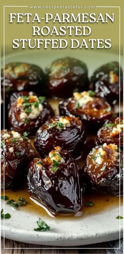 Indulge in the sweet and savory flavors of Feta-Parmesan Roasted Stuffed Dates. Tender Medjool dates are stuffed with a creamy feta-Parmesan mixture, roasted to perfection, and finished with a drizzle of honey and balsamic glaze. The perfect appetizer or snack to wow your guests! #StuffedDates #FetaParmesan #RoastedDates #Appetizer #SnackRecipe #SweetAndSavory #PartyFood Feta Parmesan Stuffed Dates, Date Canapes, Stuffed Date Appetizer, Balsamic Glaze Uses, Feta Skewers Appetizers, Feta Parmesan Roasted Stuffed Dates, Date Recipes Savory, Roasted Sweet Potato Rounds With Feta, Whipped Feta Stuffed Dates