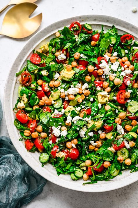 Chickpea Spinach Salad, Creamy Balsamic Vinaigrette, Baby Spinach Salads, Cucumber Tomato Avocado Salad, Crowded Kitchen, Tomato Avocado, Salad With Avocado, Red Lentil Soup, Cucumber Tomato