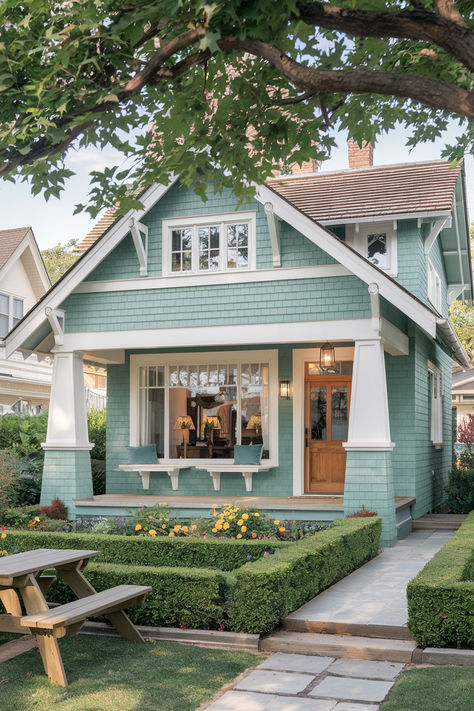 The 107 Best Exterior House Colors Exterior Paint Colors For 1960s House, 1940 Home Exterior, 1920 Craftsman Bungalow Exterior Colors, Pool House Paint Colors, 1950s Beach House, Mint House Exterior, Blue House With Yellow Door, Exterior Blue Paint Colors For House, Navy Exterior House